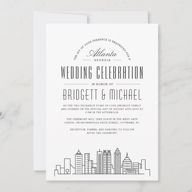 Invitation Mariage Atlanta | Ligne Skyline Déco Moderne (Devant)