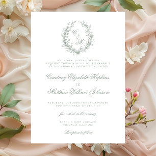 Invitation Mariage au blason botanique monochrome vert sauge