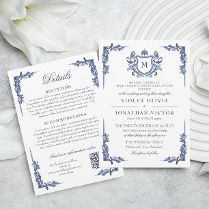 Invitation Mariage au Blason de Crest Monogram Vintage Bleu a