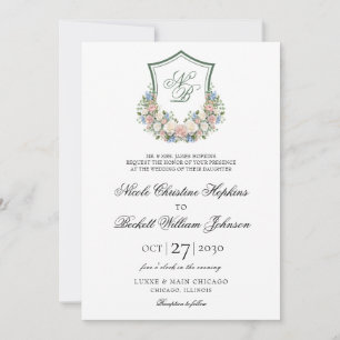 Invitation Mariage au blason floral bleu poussiéreux