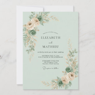 Invitation Mariage au Celadon, Pêche, Ranunculus et Eucalyptu