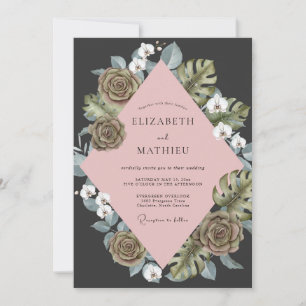 Invitation Mariage au charbon rose eucalyptus succulent