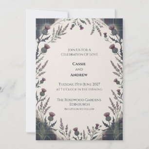 Invitation Mariage au chardon tartan vert pourpre