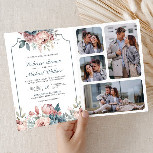 Invitation Mariage au code QR floral rose et bleu poussiéreux