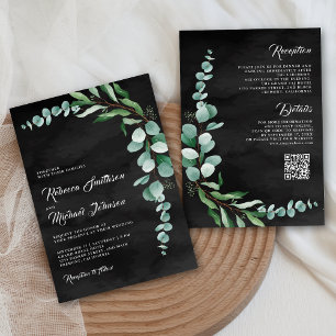 Invitation Mariage au code QR noir charbon de branche d'eucal