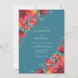 Invitation Mariage au coquelicot orange sarcelle