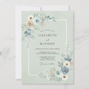 Invitation Mariage au eucalyptus ardoise et écume de mer