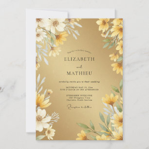 Invitation Mariage au eucalyptus et à la marguerite jaune dor