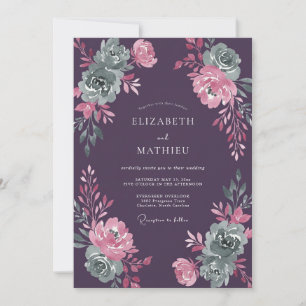 Invitation Mariage au eucalyptus succulent mauve prune
