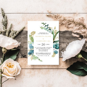 Invitation Mariage au eucalyptus vert et or vintage