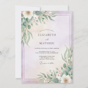 Invitation Mariage au lilas, menthe, feuillage et eucalyptus