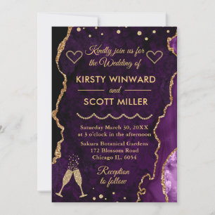 Invitation Mariage au marbre faux agate violet et or pailleté