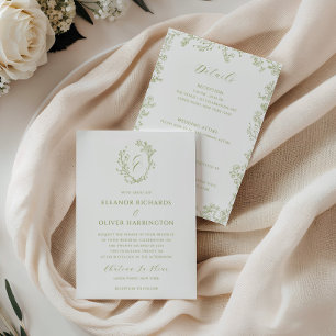 Invitation Mariage au monogramme de crête en art linéaire flo