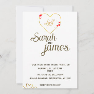 Invitation Mariage au monogramme doré et coeurs rouges romant