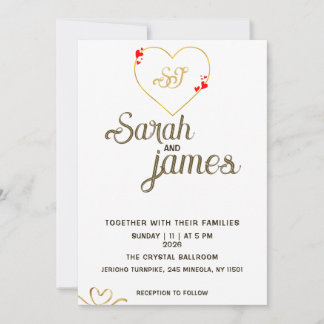 Invitation Mariage au monogramme doré et coeurs rouges romant