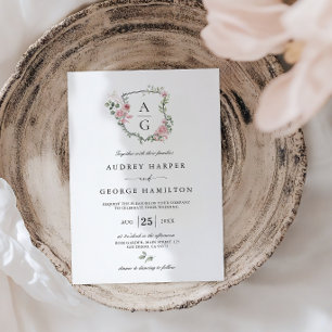 Invitation Mariage au monogramme floral rose pâle élégant