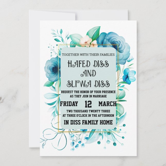 Invitation Mariage au motif floral bleu marine (Devant)