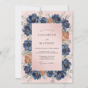 Invitation Mariage au pétale de pêche bleu acier