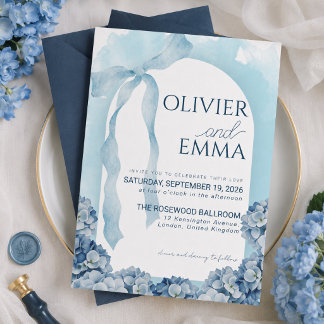 Invitation Mariage au Ruban d'Hydrangea Bleu Élégant