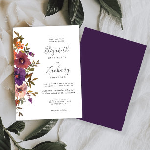 Invitation Mariage automnal à l'aquarelle florale prune cuivr
