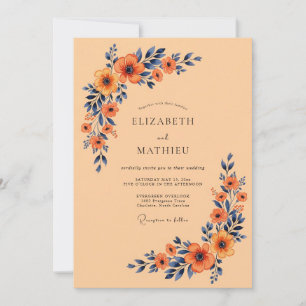 Invitation Mariage Automnal Distinctif Abricot et Bleu Marine