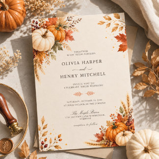 Invitation Mariage automnal élégant et rustique avec citrouil