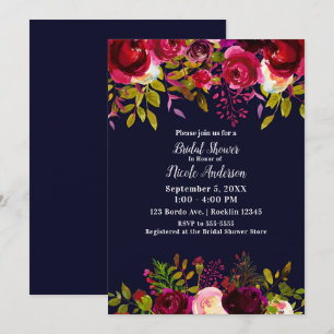 Invitation Mariage automnal floral bordeaux bleu marine