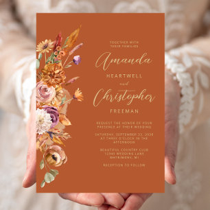 Invitation Mariage Automnal Floral Orange Brûlé Script