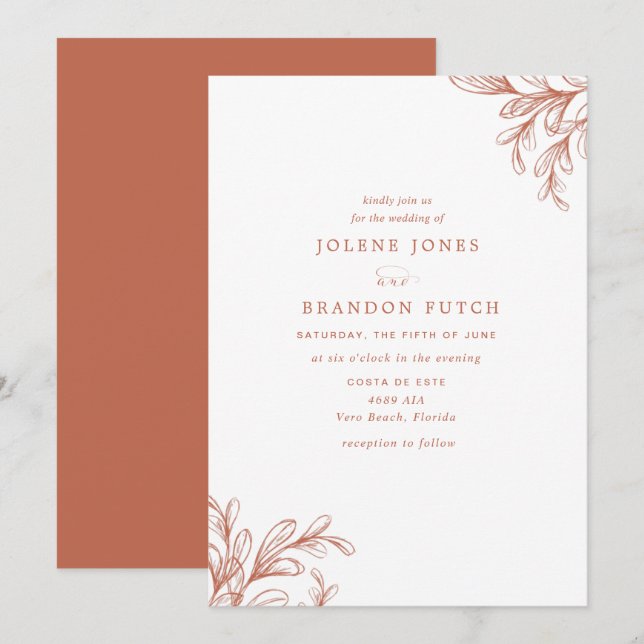 Invitation Mariage Automnal Moderne en Orange Brûlé (Devant / Derrière)