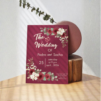 Invitation Mariage Automne Hiver Floral Or Bourgogne