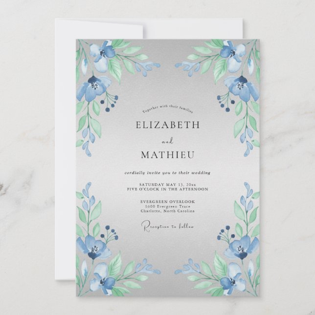 Invitation Mariage aux Brins Floraux Bleus (Devant)