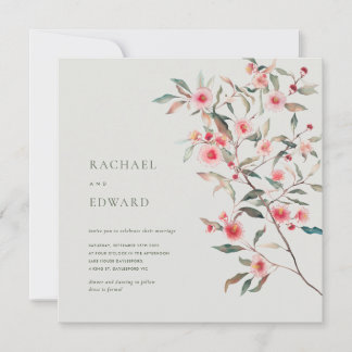 Invitation Mariage aux feuillages d'eucalyptus et fleurs rose