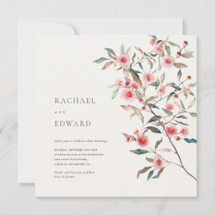Invitation Mariage aux feuillages d'eucalyptus et fleurs rose