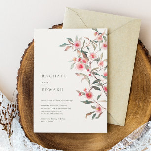 Invitation Mariage aux feuillages d'eucalyptus et fleurs rose
