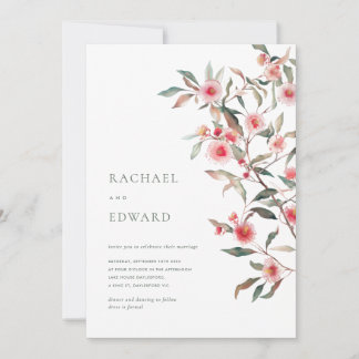 Invitation Mariage aux feuillages d'eucalyptus et fleurs rose