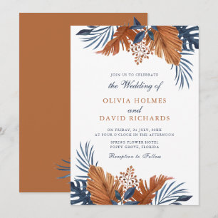 Invitation Mariage aux feuilles Brun Rustique et Bleu de Minu
