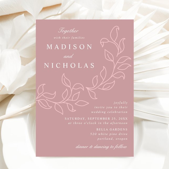 Invitation Mariage aux feuilles cascadeuses Rose Poussiéreuse (Créateur téléchargé)