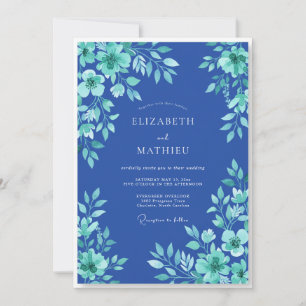 Invitation Mariage aux Feuilles de Teal Cobalt