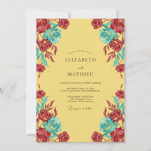 Invitation Mariage aux Feuilles de Teal Cramoisi