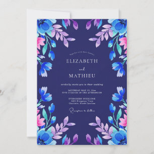 Invitation Mariage aux Feuilles Indigo Magenta