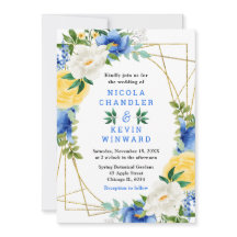 Mariage aux fleurs bleues et jaunes avec feuillage