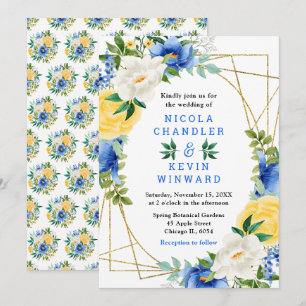 Invitation Mariage aux fleurs bleues et jaunes avec feuillage