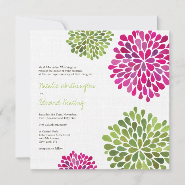 Invitation Mariage aux fleurs roses chaudes et ver (Devant)