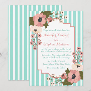 Invitation Mariage aux fleurs roses vert menthe turquoise ray