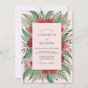 Invitation Mariage aux fougères carminées et rose tendre