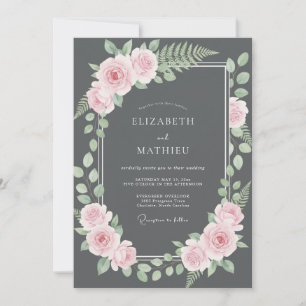 Invitation Mariage aux fougères roses sur fond de charbon