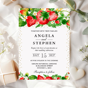 Invitation Mariage aux fraises et fleurs à l'aquarelle