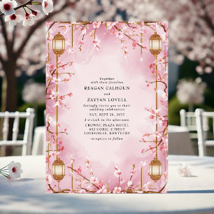 Invitation Mariage aux Lanternes Fleurs de Cerisier Roses