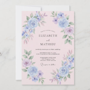 Invitation Mariage aux Pétales de Pervenche Rose Pâle