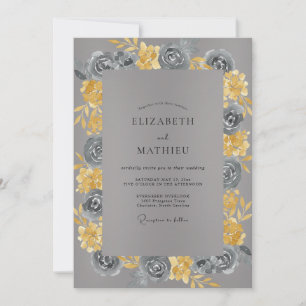 Invitation Mariage aux Pétales d'Or sur Fond Ardoise